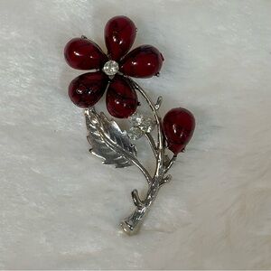 Mid Century Vintage Red Art Glass Flower Brooch Rhinestone Silver Tone